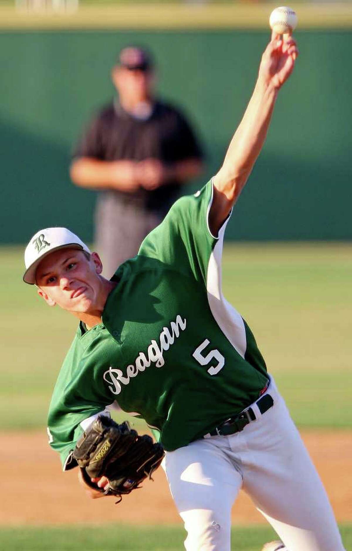 Reagan pitcher Austin Hays — seen here in a 2011 game against Brandeis — threw 12 scoreless innings with two hits allowed and 26 strikeouts in Reagan's shutouts of Smithson Valley and Corpus Christi Moody. He had 14 strikeouts with no walks in a 3-0 victory against Smithson Valley on Monday and 12 strikeouts in a 2-0 victory against Moody on Saturday.