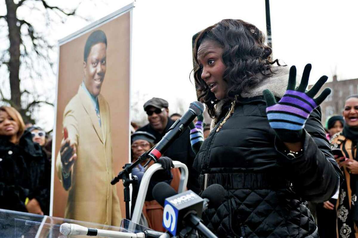 Je'Niece McCullough, daughter of Bernie Mac, attends a ceremony to honor the late comedian with a street sign on Tuesday, Feb. 28, in Chicago.