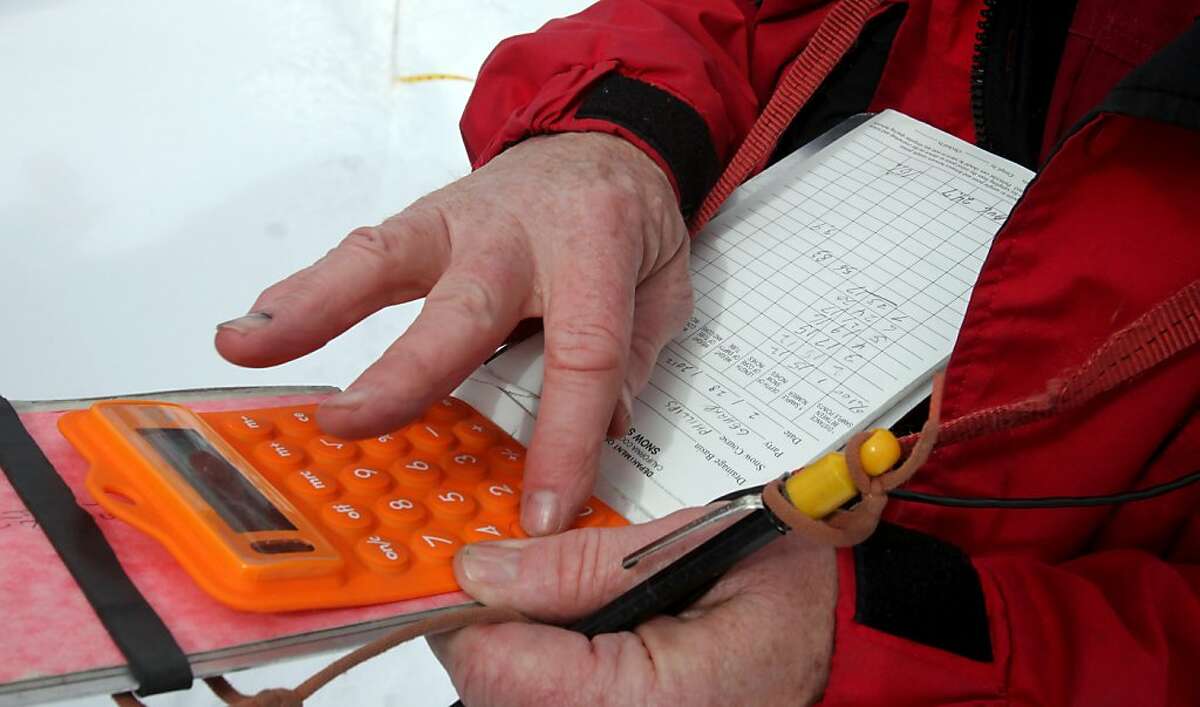 Frank Gehrke, chief of snow surveys for the Department of Water Resources, uses a calculator to determine the total weight and water content of the snow pack during the snow survey held near Echo Summit Calif., Tuesday, Feb. 28, 2012. Despite recent storms the survey showed the snow pack to be only 17.7 inches deep with a water content of only 3.9 inches_ which is only 16 percent of normal for this location at this time of the year. (AP Photo/Rich Pedroncelli)