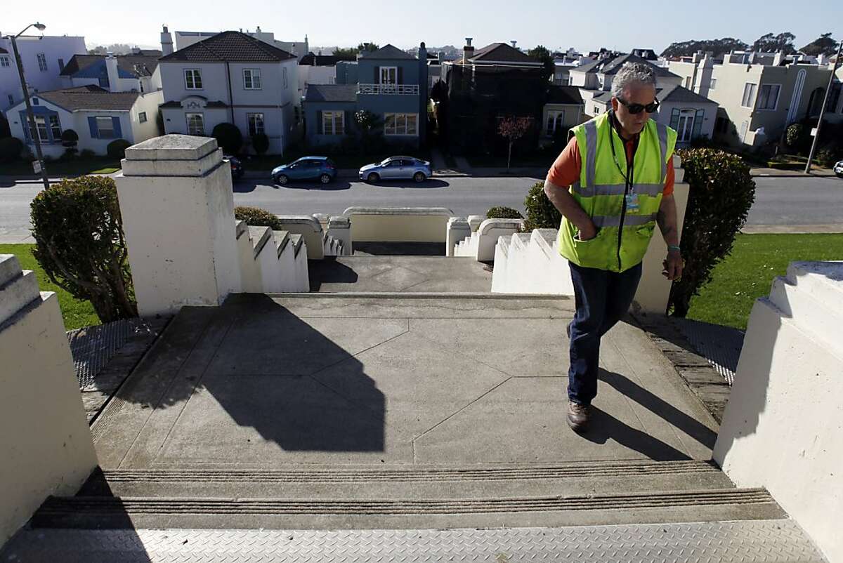 Bob Costello, a utility supervisor with San Francisco Water Power and Sewer, walks up the steps at Merced Manor Reservoir in San Francisco, Calif., on Thursday, February 23, 2012. There are a number of different reservoirs inside San Francisco, Calif., and also a push to either provide additional uses for them or declare them surplus.