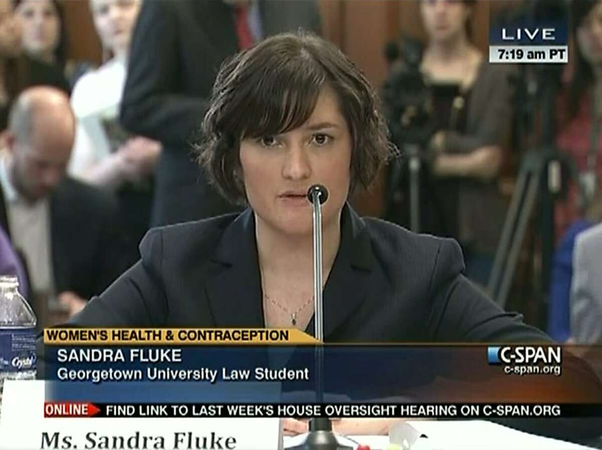 In this image made from Thursday, Feb. 23, 2012 video provided by C-SPAN, Sandra Fluke, a third-year Georgetown University law student, testifies to Congress in Washington. Limbaugh drew fire Friday, March 2, 2012 from many directions for his depiction of Fluke as a "slut" because she testified before Congress about the need for contraceptive coverage.
