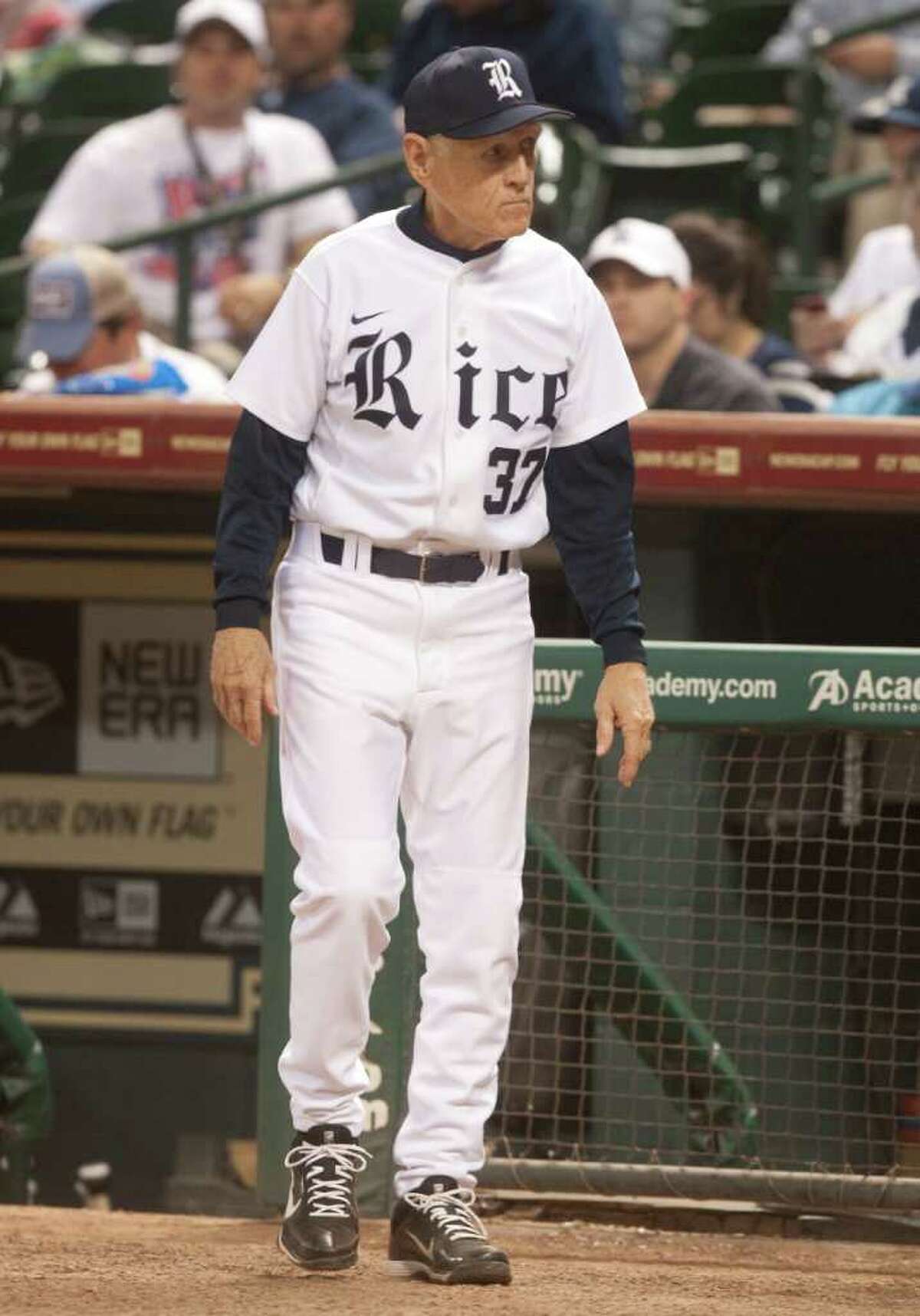 Rice manager Wayne Graham walks onto the field before his team faces off against the University of Texas during the Houston College Classic at Minute Maid Park on Friday March 2, 2012 in Houston, TX. Graham was inducted into the College Baseball Hall of Fame.