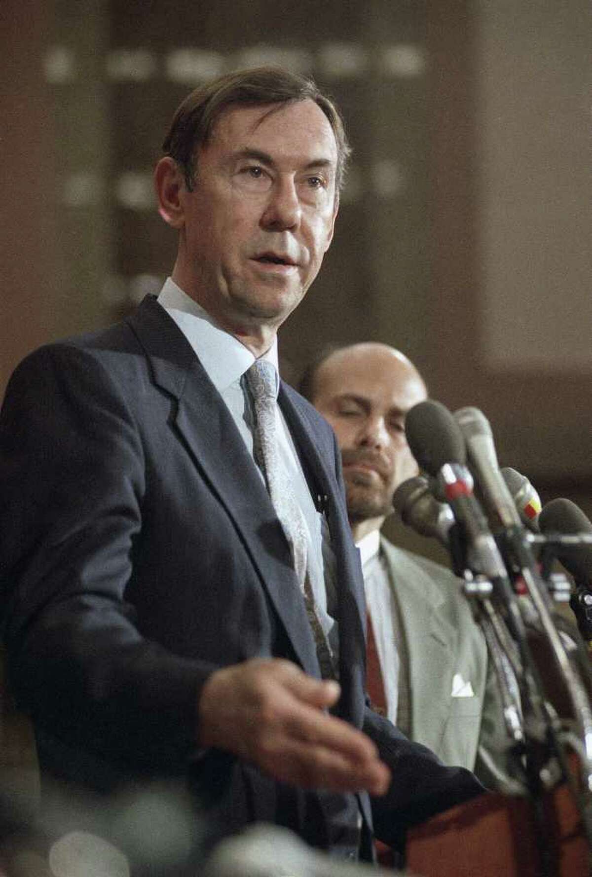 Gary Sick, left, former Carter administration official, and Barry Rosen, a former U.S. embassy hostage in Iran, meet with reporters prior to a conference on hostages in Washington on Thursday, June 13, 1991. The conference is looking into allegations that the 1980 Reagan campaign arranged to delay the release of American hostages from Iran. (AP Photo/John Duricka)