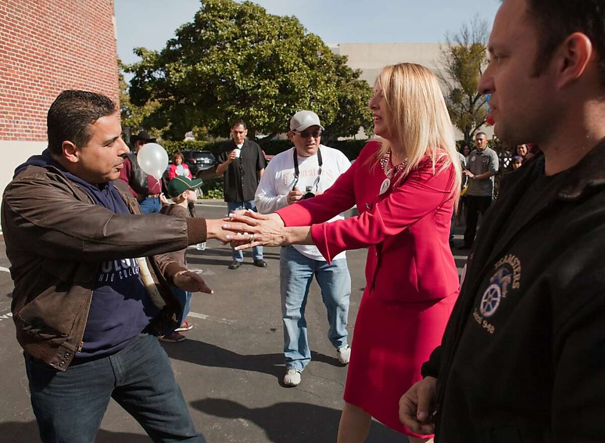 MODESTO,CA--José Hernández shakes hands with Maria Ashley Alvarado at a rally at Teamster's Union Local 948 supporting him in his bid for Congress in California's newly drawn 10th district as a democrat. As a child, Hernández helped his migrant farmworker parent's in the fields and was encouraged in his education. Hernández took education to the next level getting his M.S in Electrical and Computer Engineering. Hernández fulfilled his childhood dream of becoming an astronaut at NASA's Johnson Space Center in Houston, where he flew on the space shuttle Discovery's 128th mission. On the mission Hernández and his team transferred supplies and equipment to the space station and logged over 5.7 million miles on the shuttle.