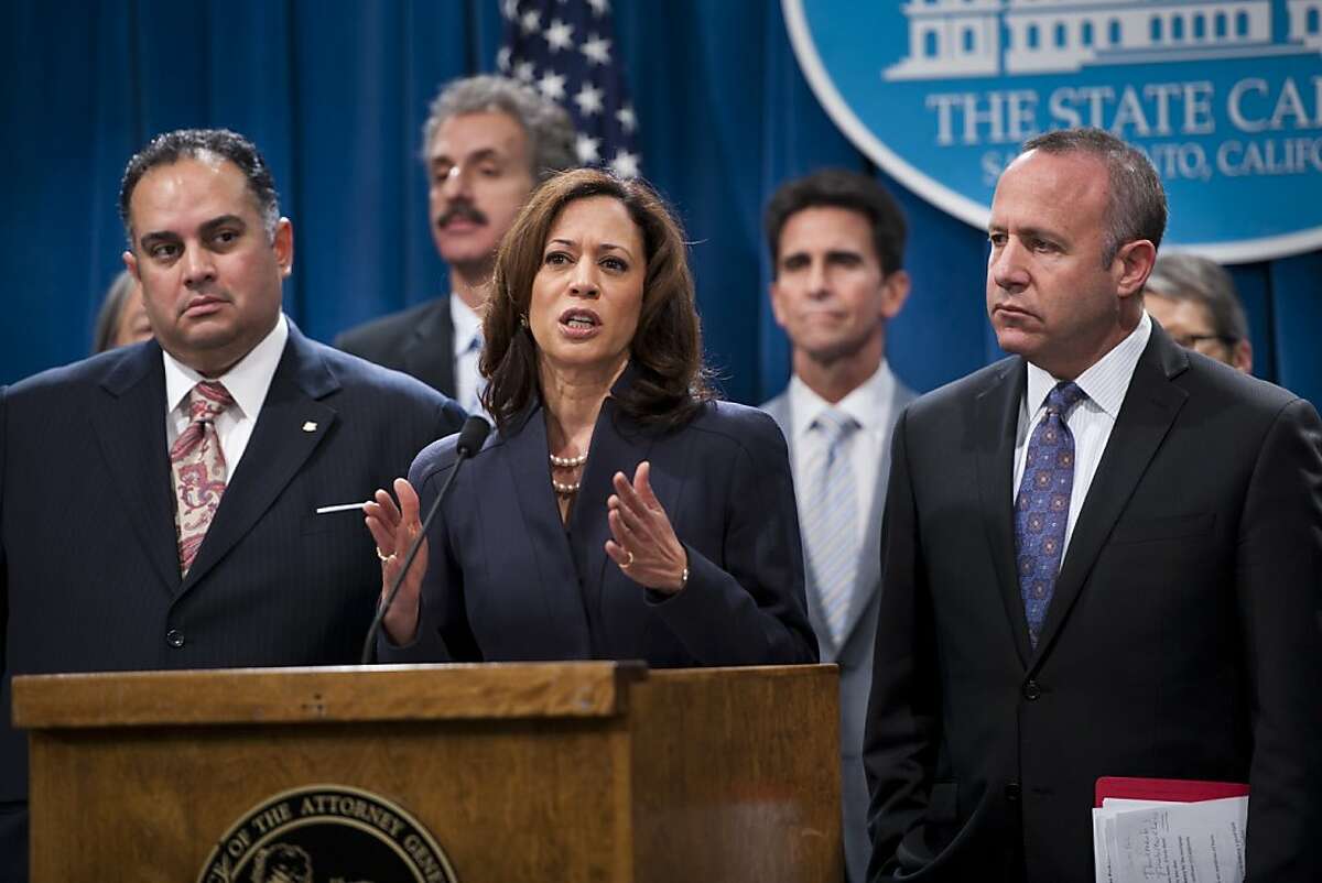 Attorney General Kamala D. Harris with legislative leaders Assembly Speaker John Perez, left, and Senate pro Tem Darrell Steinberg, right, unveil the California Homeowner Bill of Rights at a press conference Wednesday, Feb. 29, 2012 in Sacramento, Calif., State Attorney General Kamala Harris promoted legislation Wednesday to reform the mortgage process in California and provide more protections for homeowners, three weeks after she secured $18 billion for California in a nationwide bank settlement. (AP Photo/The Sacramento Bee, Paul Kitagaki Jr.) MAGS OUT; TV OUT; MANDATORY CREDIT; NO SALES