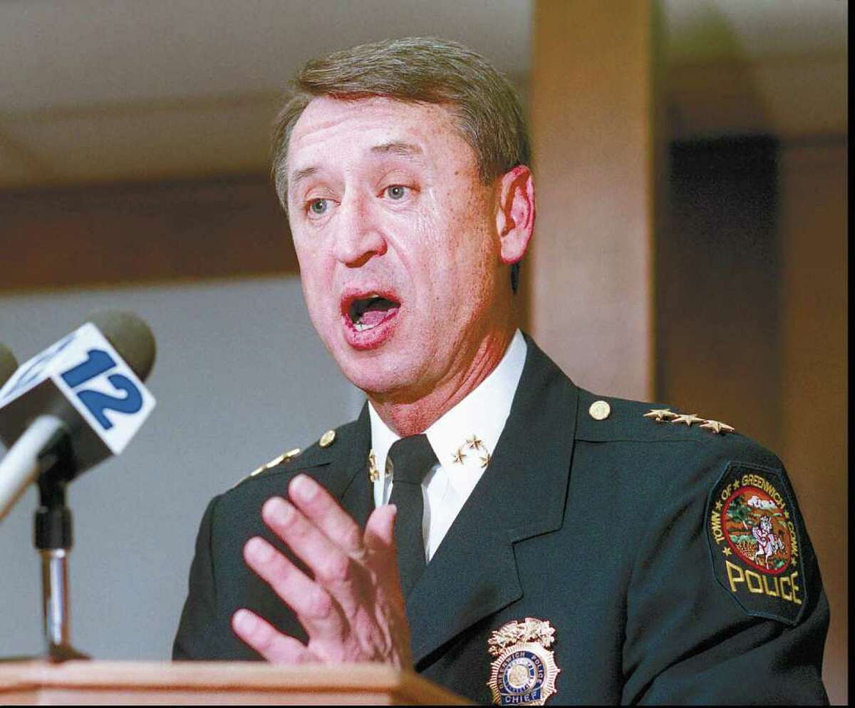 In this 1997 file photo, Greenwich police Chief, Peter Robbins addresses a press conference concerning alleged police improprieties at Greenwich Police Headquarters on Bruce Place, Greenwich.