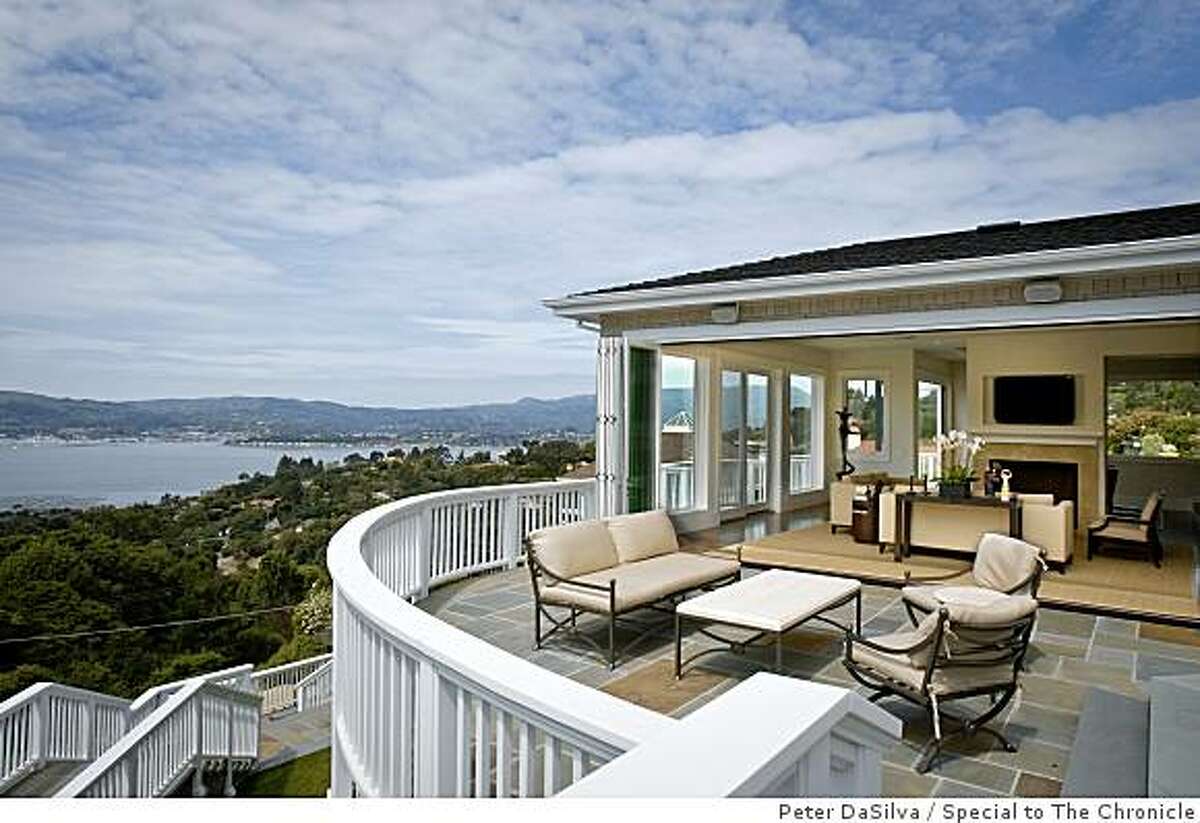 Living room and main patio of John & Athena Konstin home in Tiburon, California with a view of Belvedere and the Sausalito on Apr. 30, 2009.