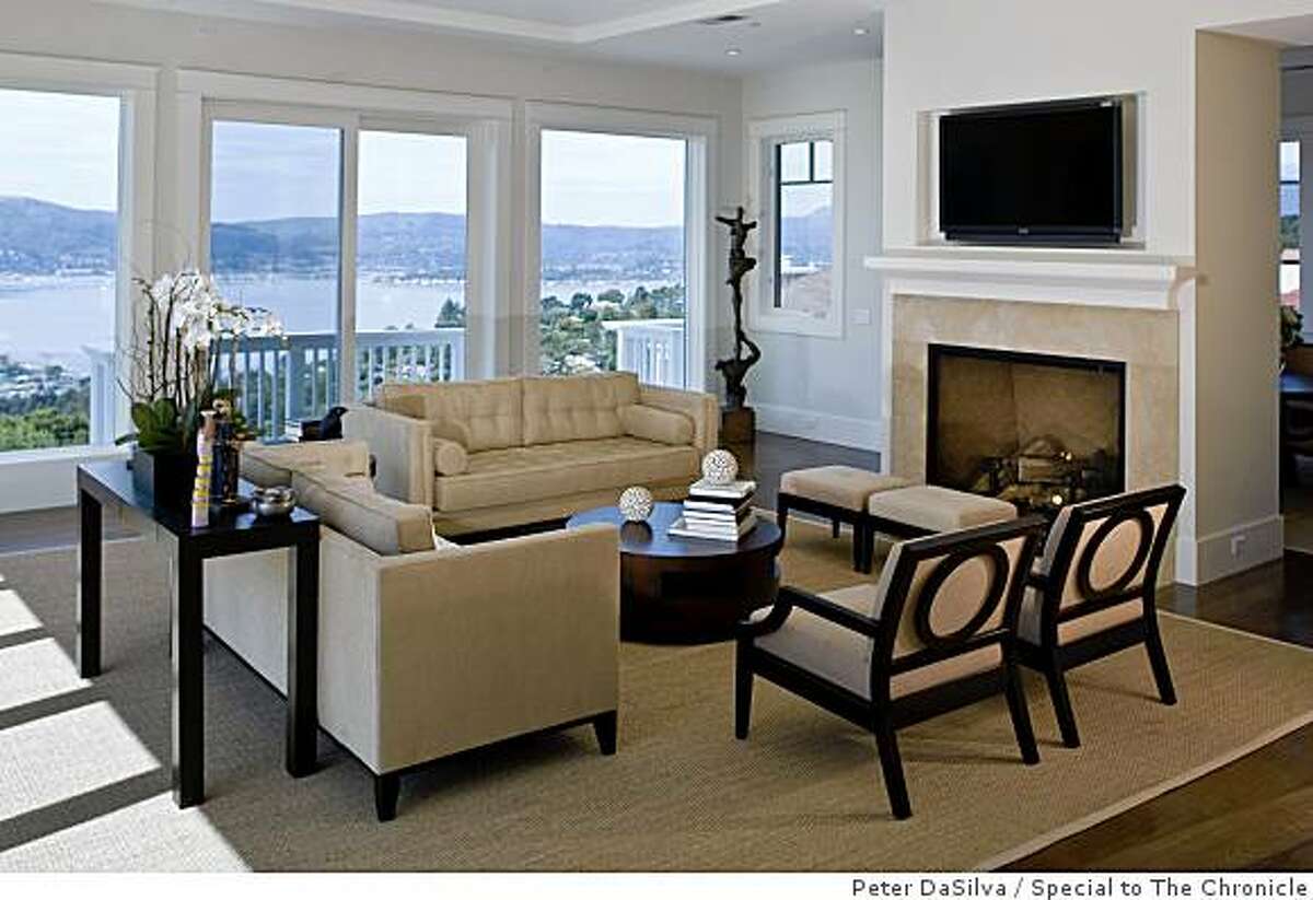 Living room of John & Athena Konstin home in Tiburon, California with a view of Belvedere and the Sausalito on Apr. 30, 2009.