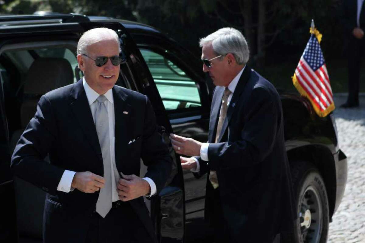 U.S. Vice President Joe Biden, left, arrives to Los Pinos presidential residence to meet with Mexico's President Felipe Calderon in Mexico City, Monday March 5, 2012. Biden is on a one-day visit to Mexico. (AP Photo/Alexandre Meneghini)