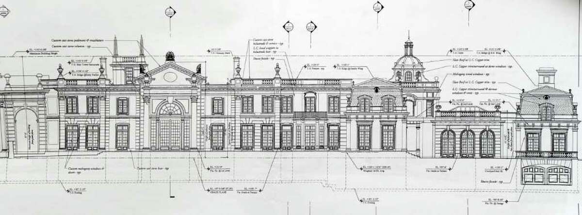 Architectural rendering of the proposed 17,000 square foot mansion at 18 Simmons Lane in midcountry Greenwich. Russian multimillionaires Olga and Valery Kogan submitted the rendering to the Greenwich Planning and Zoning Commission. The Kogans originally proposed a 27,000-square-foot Greek Revival mansion in 2008 with eight bedrooms, a gym, a home theater, a wine cellar, a game room and separate billiard room, parking for up to 12 cars, Turkish and Finnish baths, and 26 bathrooms. The Kogans ultimately scaled the plans down after neighborhood opposition.