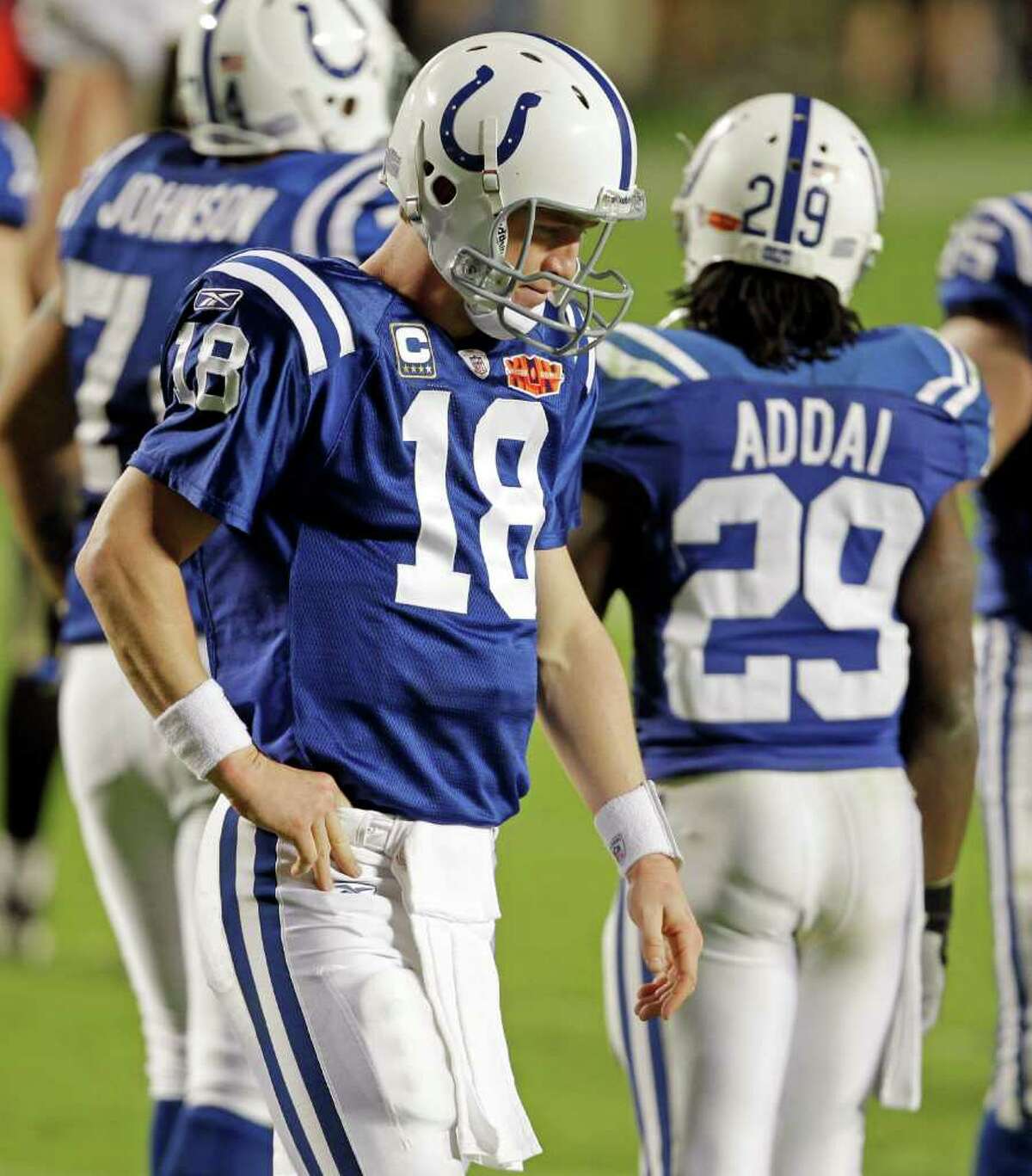 Indianapolis Colts quarterback Peyton Manning (18) after an NFL AFC wild  card football playoff game between