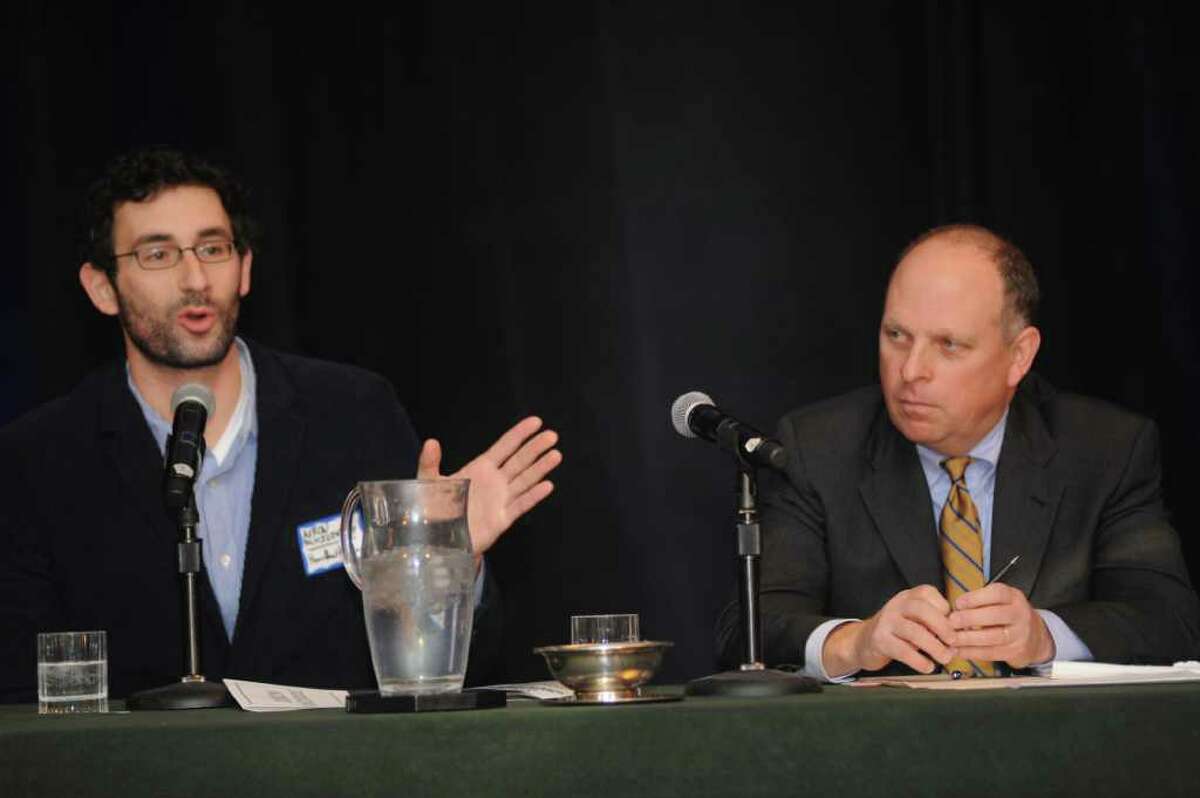 AAron Schildkrout, left, Co-founder of HowAboutWe.com, and Steven Greenberg founder of JOBS4.0 speak at Small Business Breakfast "New Ways of Selling," hosted by Joe Connolly of WCBS and The Wall Street Journal at the Hyatt Regency Greenwich, Wednesday, March 7, 2012.
