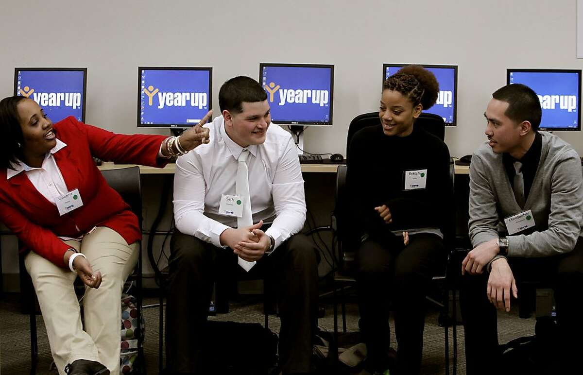 New students, Valencia Peete, Seth Elvebak, Brittany Lyons and Christopher Ananuevo during the second day of classes, at the job training facility year up Bay Area, in San Francisco, Ca. on Tuesday March 7, 2012. Year up Bay Area is one of the partners in a new $5 million San Francisco, tech-oriented job training program for youth, announced this week.