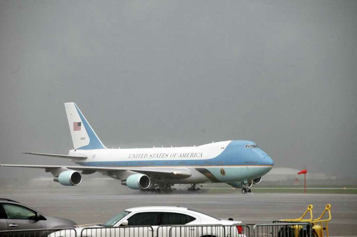 Air Force One taxis shortly after landing, Friday, March 9, 2012 at Ellington Airport in Houston, Texas.