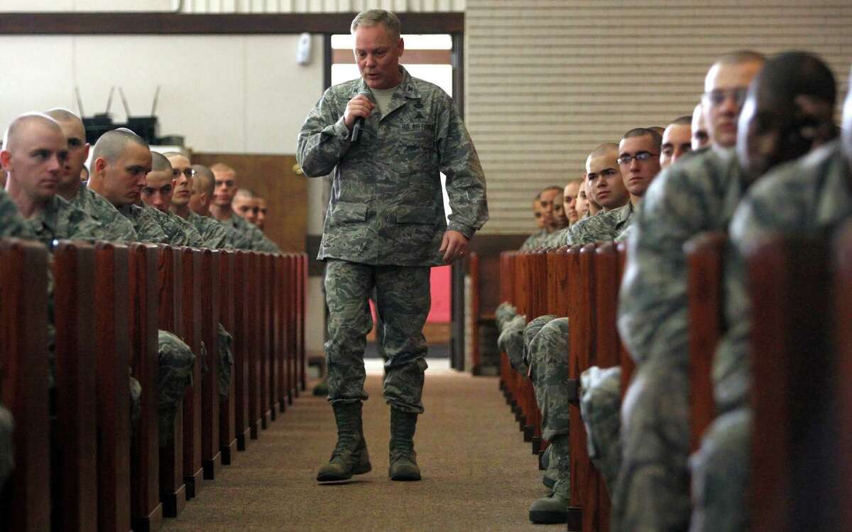 Col. Glenn Palmer, commander of the 737th Training Group at Lackland AFB, speaks Friday March 2, 2012 to trainees during so-called Zero Week activities. Palmer and his staff speak to every training class in the first fews after they arrive on base for basic training.