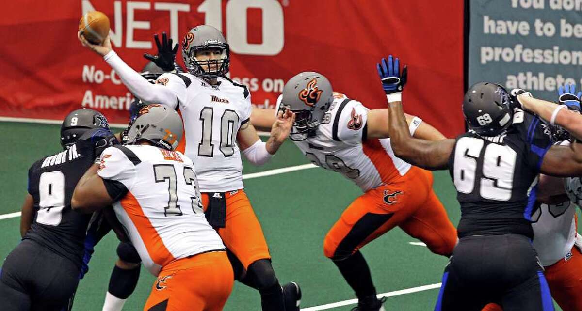 Tommy Grady (10), who quarterbacked the Utah Blaze last season and was the MVP of the Arena Football League, is a player the Talons may try to sign as a free agent this offseason.  Tom Reel/ San Antonio Express-News