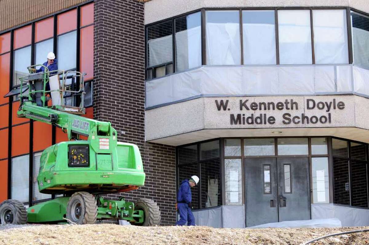 Construction workers at W. Kenneth Doyle Middle School on Wednesday, March 7, 2012, in Troy, N.Y. (Cindy Schultz / Times Union)