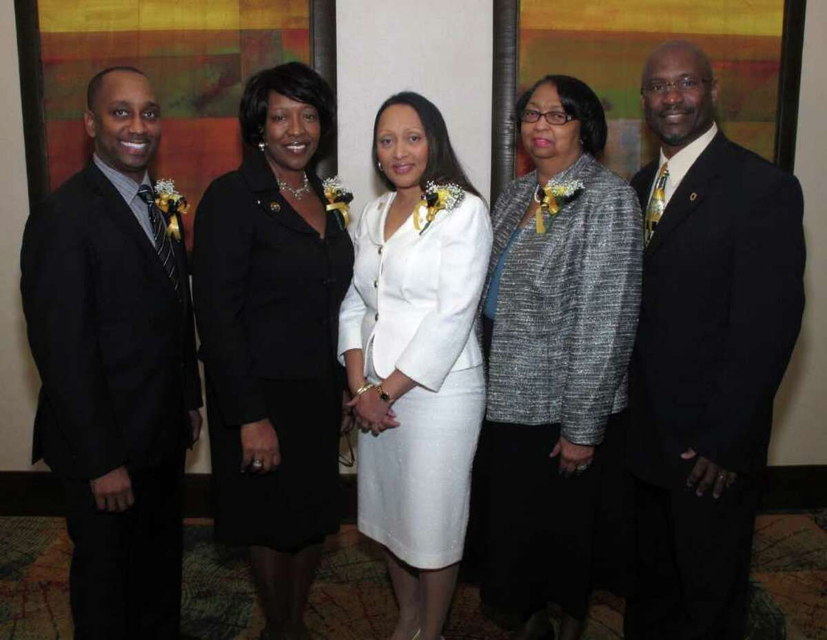 OTS/HEIDBRINK - Event emcee Marvin Hurst, from left, San Antonio chapter president Sheron Leonard, speaker U.S. Attorney Western District of Louisiana Stephanie A. Finley, luncheon chair Gloria Malone and San Antonio chapter vice president Clifton Jackson gather at the Grambling State University alumni scholarship luncheon at the Marriott Rivercenter Hotel on 3/10/2012. names checked photo by leland a. outz