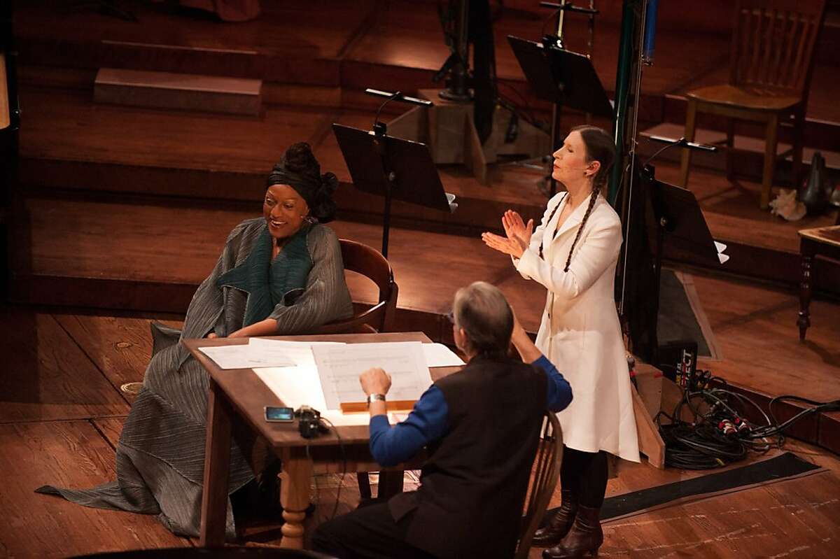 Jessye Norman (l.) Michael Tilson Thomas and Meredith Monk performing John Cage's "Song Books" in Davies Symphony Hall