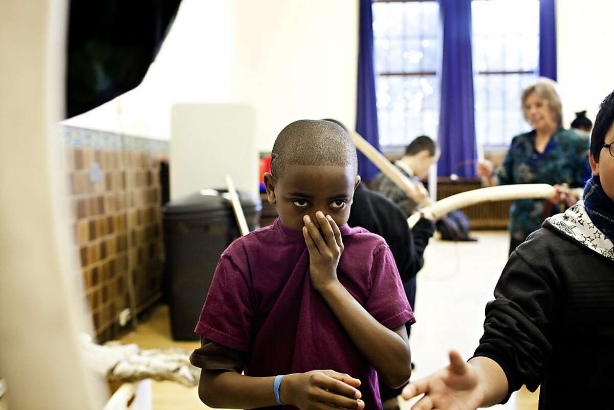 Fifth grader Damar Eddison, 11, covers his nose and mouth from the lingering smell of the grey whale parts that Dan Sudran brought into John Muir Elementary School so that students could learn about the animal by reassembling its skeleton in San Francisco, Calif., March 12, 2012. Sudran salvaged the skeleton when it washed ashore last year on Pescadero Beach and has begun showing it off for educational purposes, reassembling it using fiber optic cable as string. Jason Henry/Special to The Chronicle