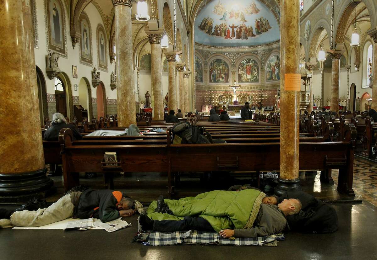 Some people can't find room in the pews, particularly if they are a couple, so they choose the floor at the rear of the church. The Gubbio project at St. Boniface Church in San Francisco, Calif. has seen an increase in homeless since the Transbay Terminal was demolished and the sit/lie ordinance enforced. The Gubbio project allows people to sit and sleep in the pews of the Tenderloin Catholic church from 6 a.m. til 1 p.m.