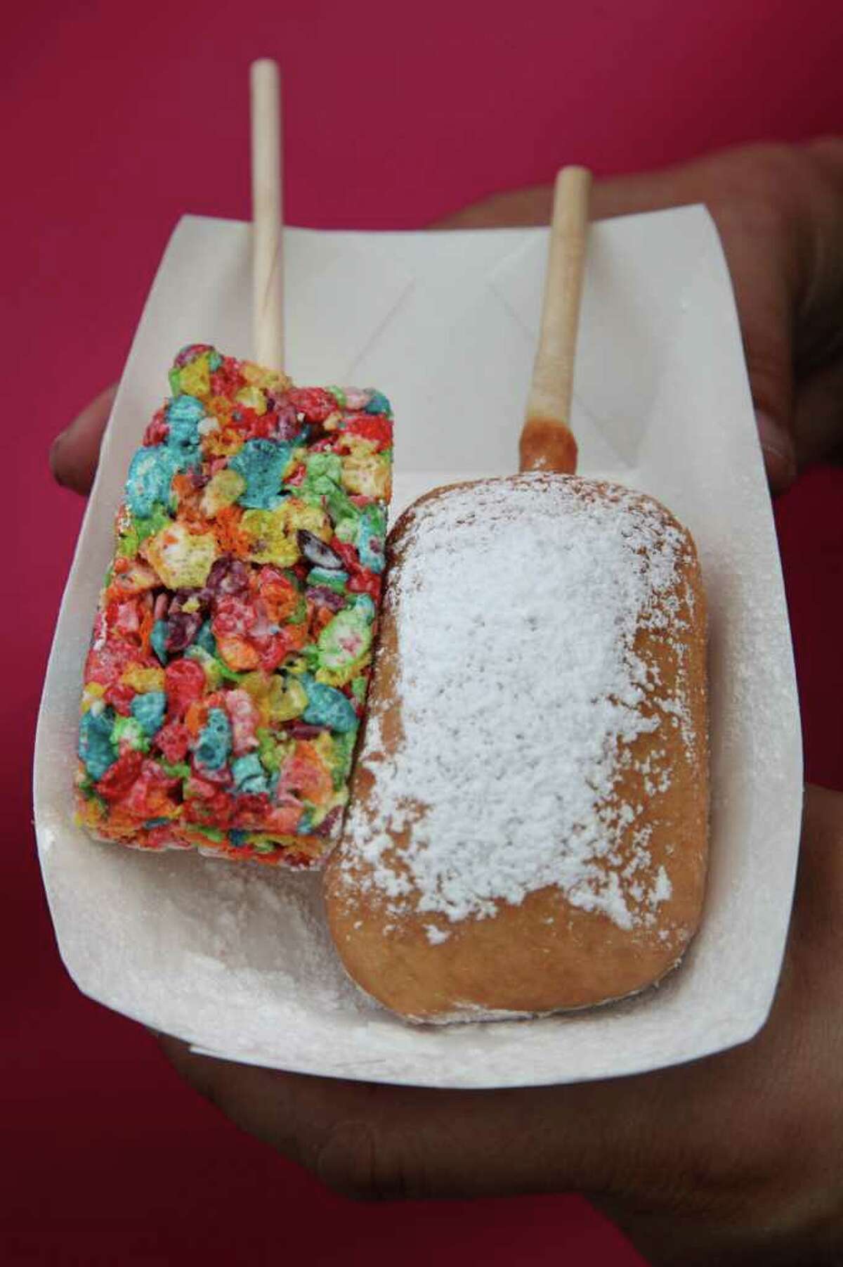A Fruity Pebbles bar, left, is dipped in batter and then deep-fried, right.