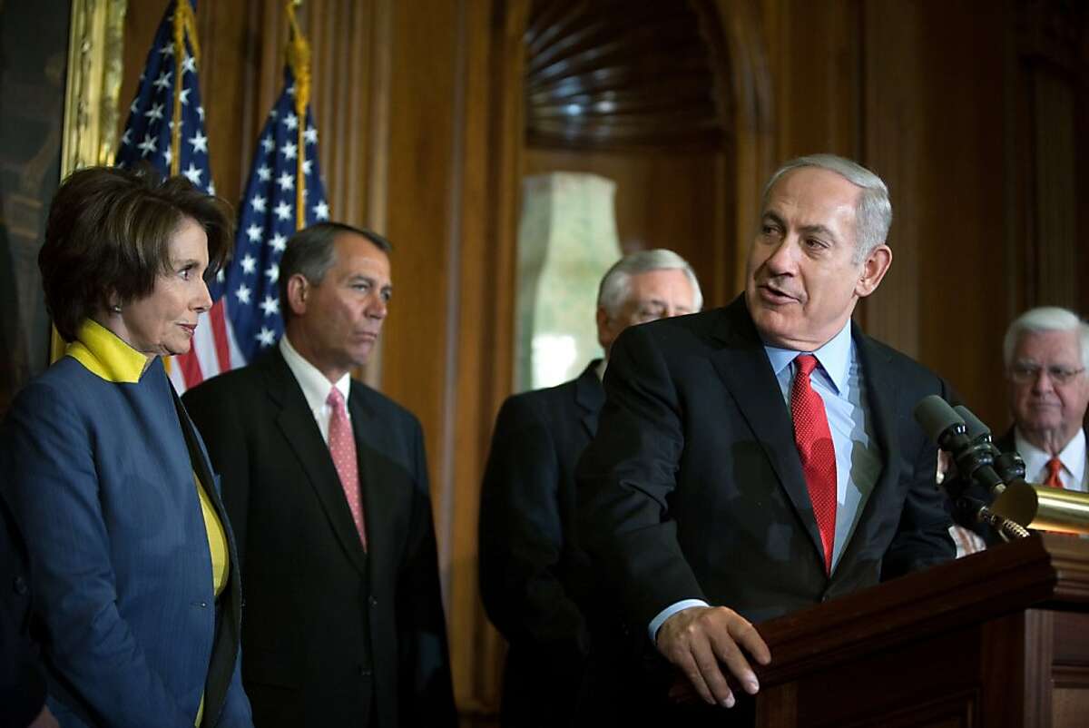 WASHINGTON, DC - MARCH 6, 2012: Israeli Prime Minister Benjamin Netanyahu (2nd R) speaks as U.S. House Minority Leader Nancy Pelosi (D-CA) (L) and Speaker of the House John Boehner (2nd L) look on at a press conference during a meeting in the U.S. Capitol building March 6, 2012 in Washington, DC. Netanyahu met with U.S. President Barack Obama yesterday with Obama pledging his support for Israel in dealing with potential Iranian nuclear arms, but expressed a desire for diplomacy in this effort. (Photo by Allison Shelley/Getty Images)