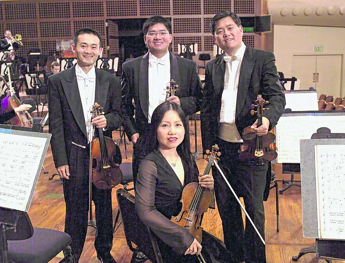 Violinist Chunming Mo, seated, with SF Symphony musicians (l to r, standing) Chen Zhao, Yun Chu and Yun Jie Liu.