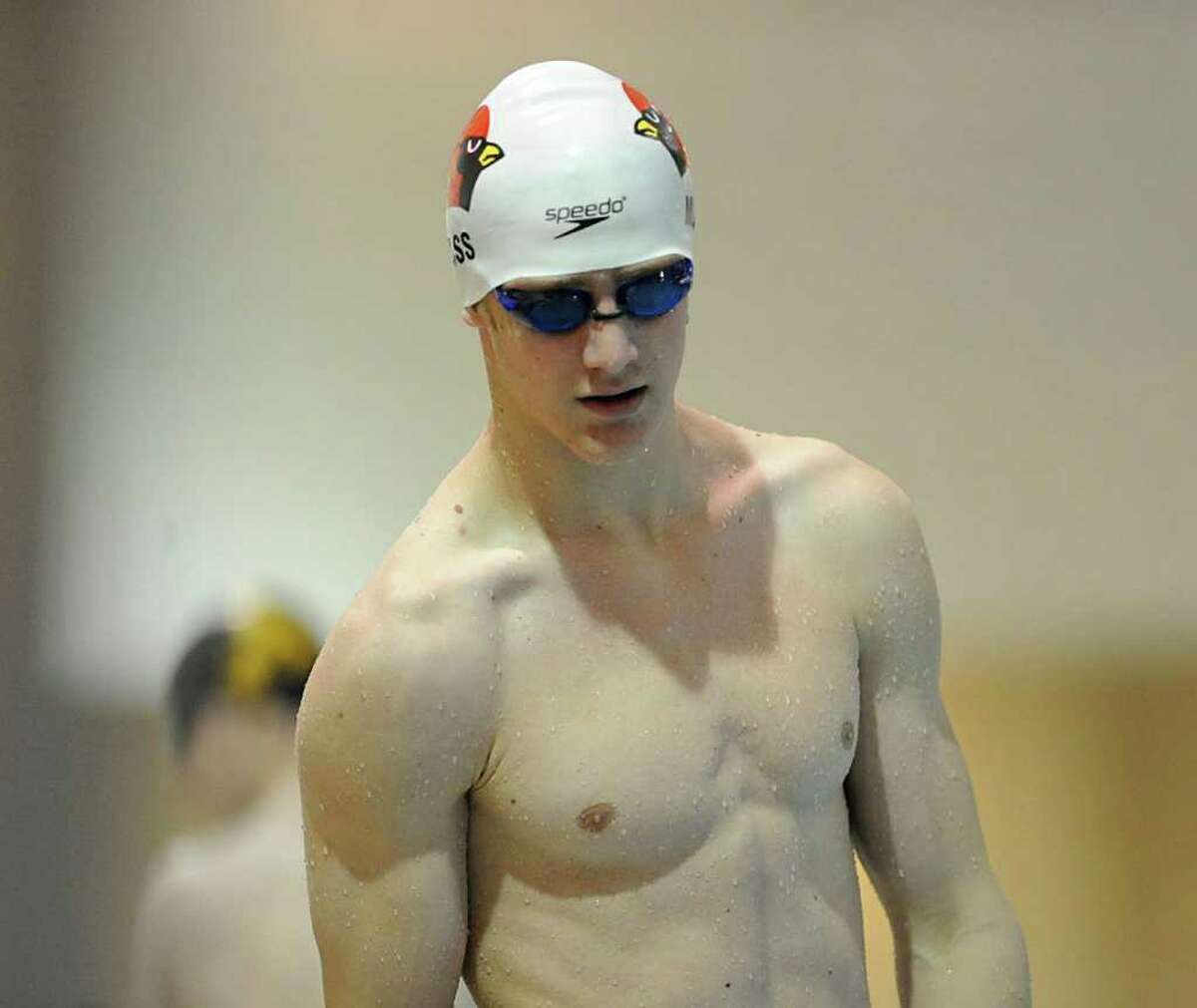 Ed Moss of Greenwich High School during the CIAC Boys Class LL Swimming championships at Wesleyan University in Middletown, Conn., Wednesday, March 14, 2012.