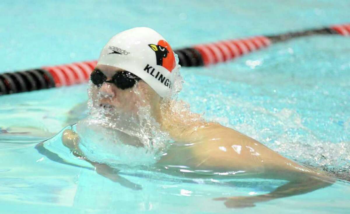 Will Klingner of Greenwich High School competes in a swim-off during the CIAC Boys Class LL Swimming championships at Wesleyan University in Middletown, Conn., Wednesday, March 14, 2012.