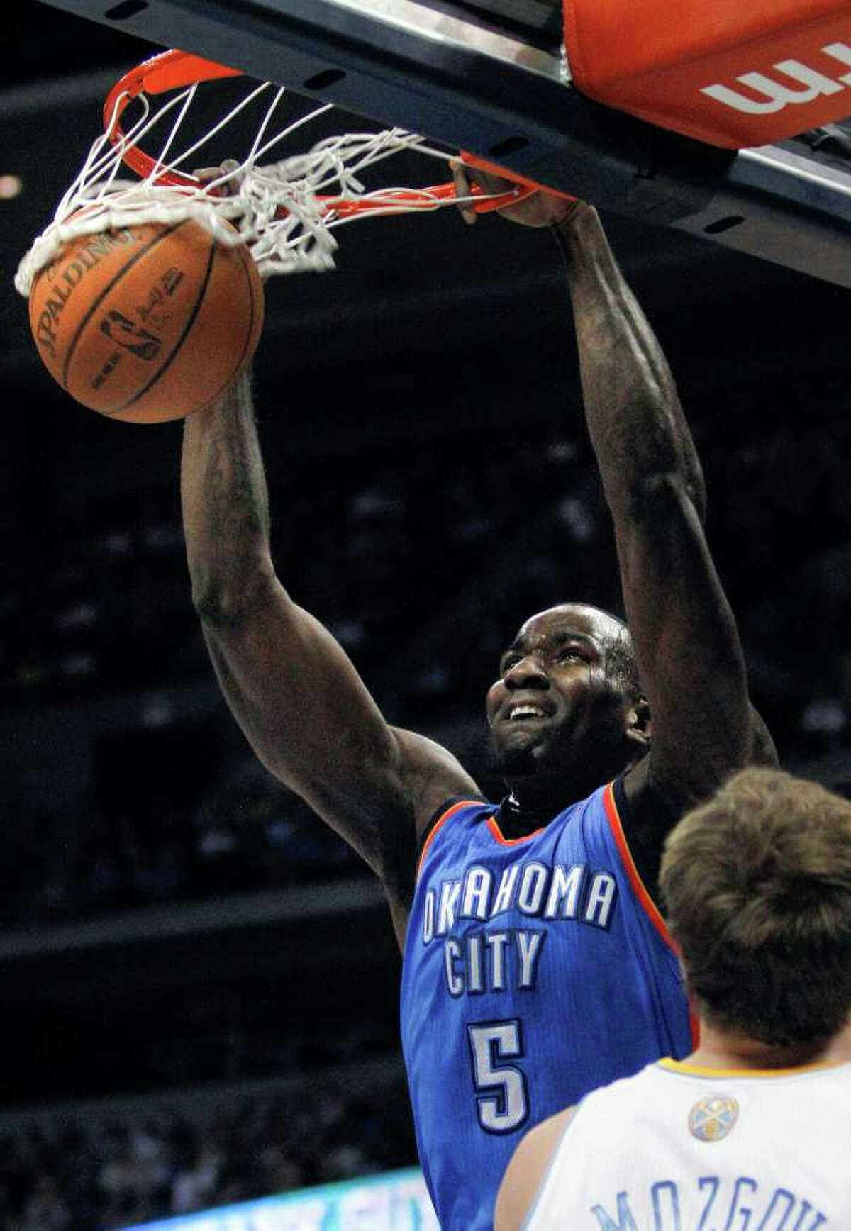 Oklahoma City center Kendrick Perkins gets a rare two points on Thursday.