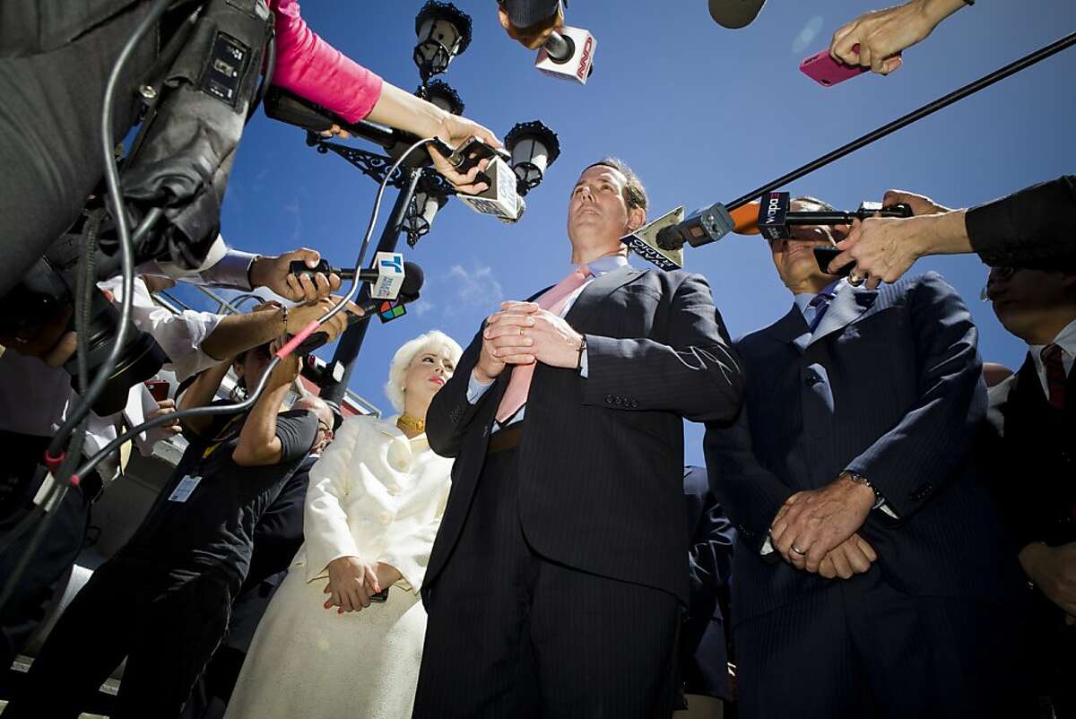 SAN JUAN, PUERTO RICO - MARCH 14: Republican presidential candidate, former U.S. Sen. Rick Santorum speaks to the media during a visit to La Fortaleza, the governor's mansion, to meet with Governor Luis Fortuno, March 14, 2012 in Old San Juan, Puerto Rico. Santorum was to meet with Fortuno while on his two-day campaign trip on the island commonwealth. There are 23 GOP delegates up for grabs although Fortuno, a Republican, has already expressed his support for Mitt Romney. (Photo by Christopher Gregory/Getty Images) *** BESTPIX ***