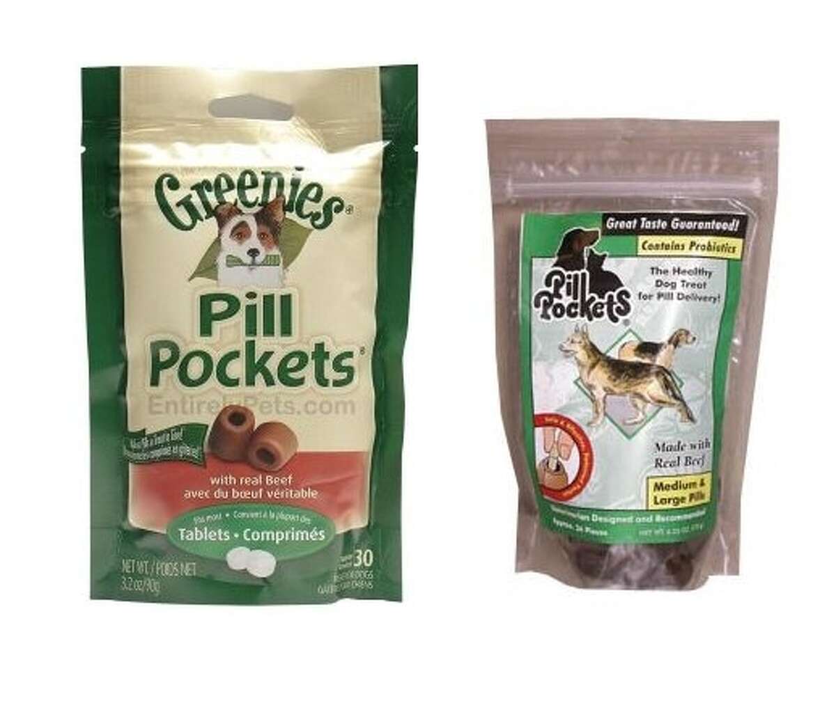 Two of the many brands, sizes, and flavors of "pill pockets" available at pet supply stores and veterinary offices. They're probably no more useful than a ball of cream cheese or a bit of hot dog, but some pets and owners love them.
