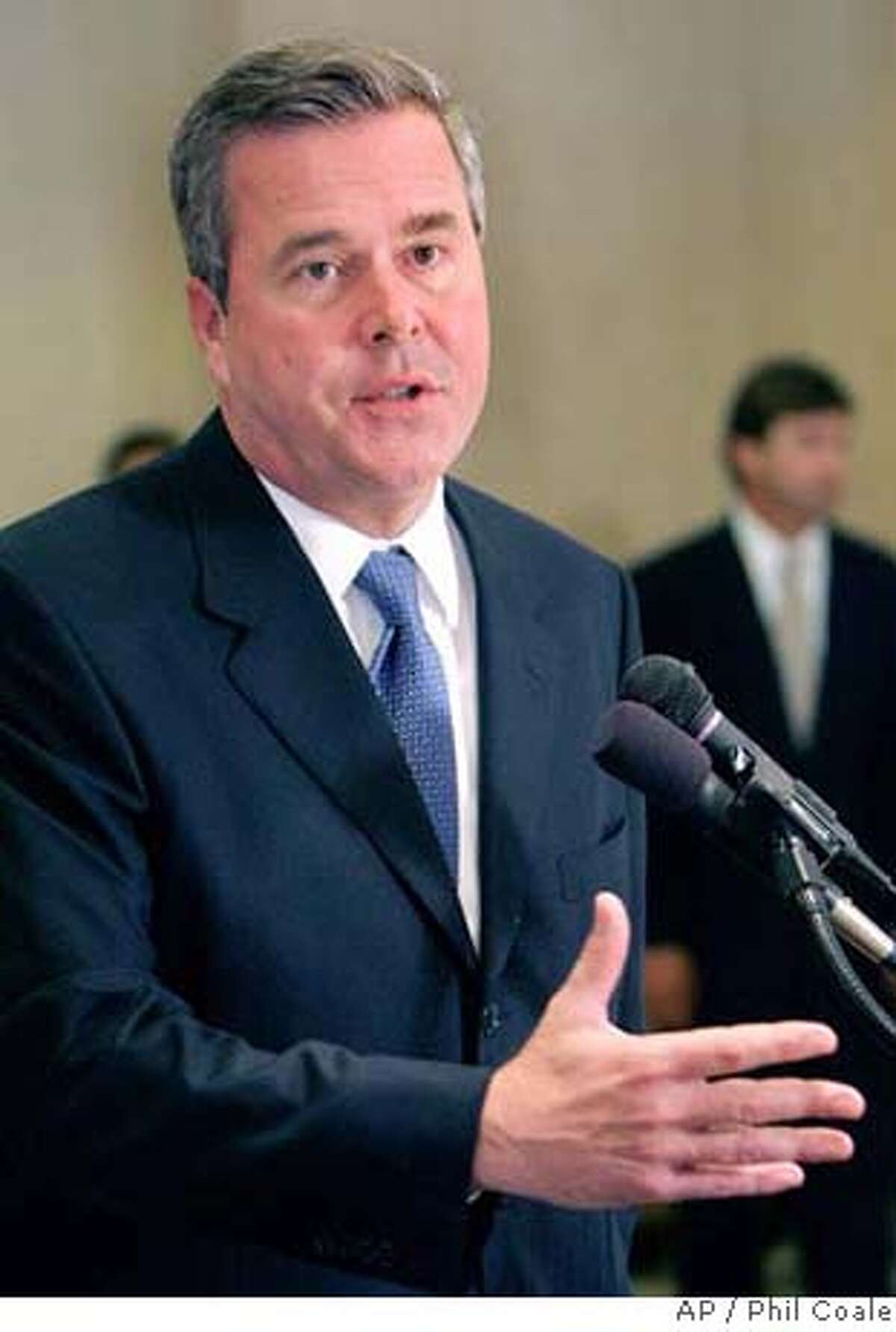 Gov. Jeb Bush, who has asked a prosecutor to investigate why Terri Schiavo collapsed 15 years ago, calling into question a gap in time from when her husband found the woman and called 911, answers questions about the case at a news conference, Friday, June 17, 2005, in Tallahassee, Fla. (AP Photo/Phil Coale) Ran on: 06-18-2005 Gov. Jeb Bush has prompted an investigation into Terri Schiavos 1990 collapse. Ran on: 06-18-2005 Gov. Jeb Bush has prompted an investigation into Terri Schiavos 1990 collapse. RETRANSMISSION FOR IMPROVED TONE