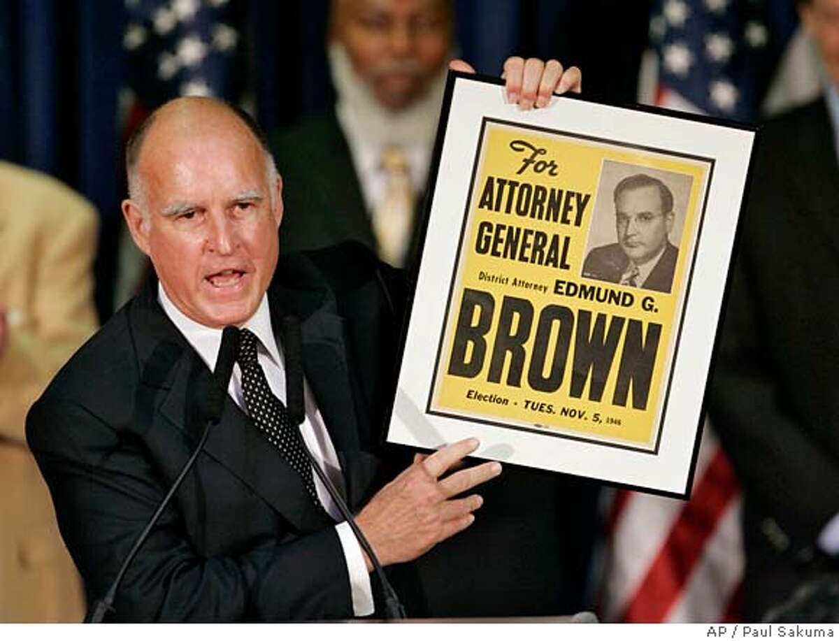 ** OMITS REFERENCE TO EDMUND G. BROWN'S ELECTION VICTORY ** Oakland Mayor Jerry Brown, who is running for state Attorney General as a Democrat, holds up a 1946 poster of his father, Edmund G. Brown, a former governor and attorney general, at a Democratic election party in San Francisco, Tuesday, Nov . 7, 2006. (AP Photo/Paul Sakuma) OMITS REFERENCE TO EDMUND G. BROWN'S ELECTION VICTORY