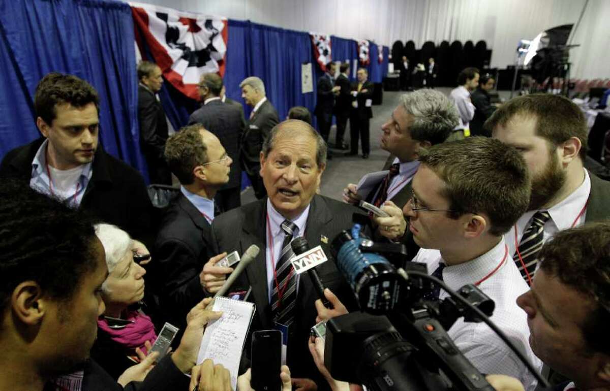 U.S. Rep. Bob Turner speaks to reporters during the New York State Republican Convention in Rochester, N.Y., Friday, March 16, 2012. (AP Photo/David Duprey)
