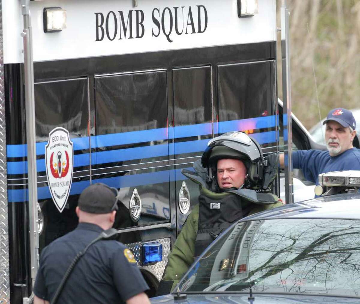 The Stamford Police bomb squad responded to Old Greenwich train station on a report of a suspicious package Friday, March 16, 2012.