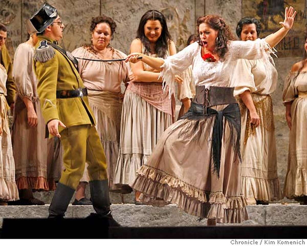 CARMEN_025_KK.JPG The San Francisco Opera presents Bizet's "Carmen." Ricardo Herrera (L) as Zuniga; Hadar Halevy as Carmen. Photo by Kim Komenich/The Chronicle **Cast Sheet/Will Hamilton 565-6470 �2006, San Francisco Chronicle/Kim Komenich MANDATORY CREDIT FOR PHOTOG AND SAN FRANCISCO CHRONICLE/ -MAGS OUT