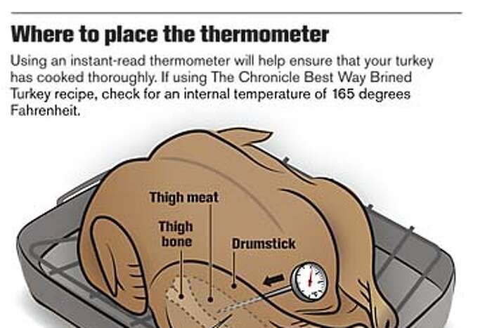 What is Alton Brown's turkey thermometer placement?