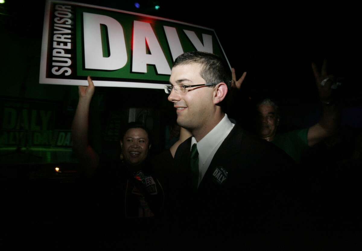 Chris Daly, incumbent Supervisor in District 6, greets supporters at his election night party at DNA Lounge in San Francisco, CA.