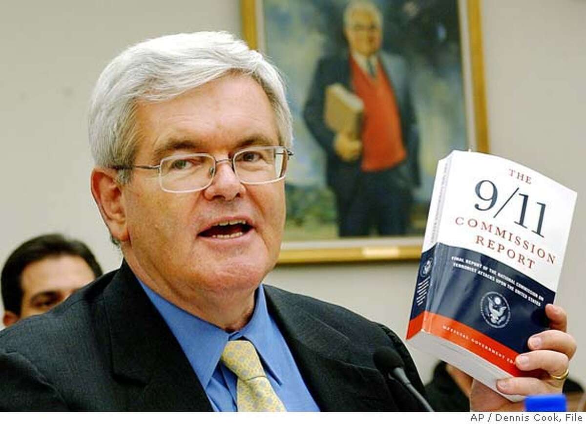 ** FILE ** Former Speaker of the House Newt Gingrich holds up the 9/11 Commission Report as testifies before the House Select Committee on Intelligence on Capitol Hill in this Aug. 11, 2004 file photo. Gingrich takes a step towards a possible 2008 presidential bid with the publication of a new book criticizing Bush administration Iraq policies. "Anthing seems possible," Gingrich said of his political future. (AP Photo/Dennis Cook, File) Ran on: 01-09-2005 Newt Gingrich ALSO RAN: 06/13/2005 Newt Gingrich Ran on: 06-10-2006 Newt Gingrich, a Georgia Republican, has few good things to say about his party lately. Ran on: 11-03-2006 The drive to prevent Nancy Pelosi (left) from becoming House speaker has spread to labeling other Democrats as having San Francisco values, including this ad against Rep. Chet Edwards, D-Texas which also questions the values of Rep. Charles Rangel, D-N.Y. (right).