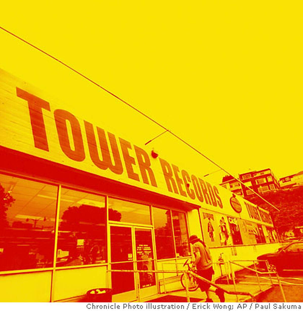 Photo illustration for Tower19 centerpiece on 10/19/06. Photo illustration: Erick Wong / The Chronicle Original Photo: Paul Sakuma / AP An exterior view of a Tower Records store is seen in San Francisco, Friday, Oct. 6, 2006. After a lengthy auction stretching over two days, a federal bankruptcy judge on Friday approved sale of California-based Tower Records to Great American Group, which plans to liquidate the music retailer. (AP Photo/Paul Sakuma) Ran on: 10-19-2006 Photo caption