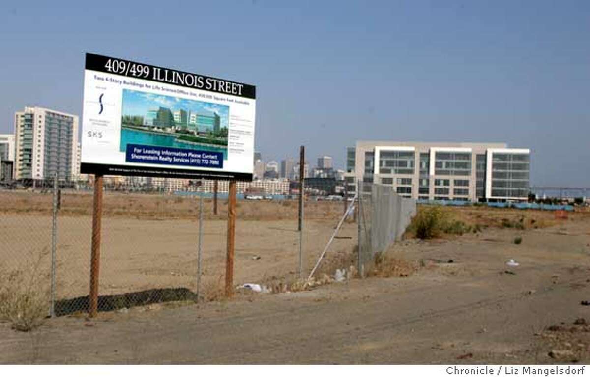 The vacate lot at 409 and 499 Illinois Street at 16th St, with the Shorenstein sign in the foreground. Photographed on Sept. 26, 2006 from the Terry Francois Street side of the lot. Liz Mangelsdorf /The Chronicle Ran on: 09-27-2006 A Shorenstein sign is perceived by some as a harbinger of biotech growth in Mission Bay.