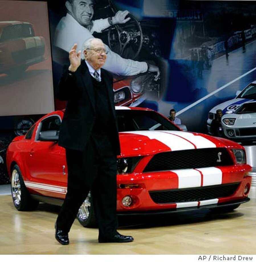 Ford Motor Co Goes Back To The Future With Long Awaited Mustang Motor Racing Pioneer Carroll Shelby Waves To The Aunce As He Pares In Introduction Of