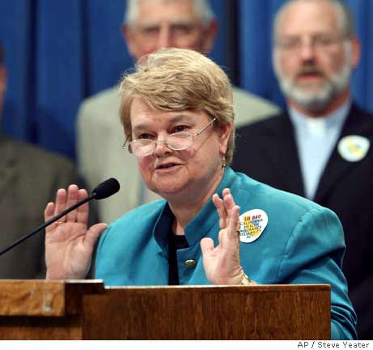 Sen. Sheila Kuehl, D-Santa Monica, talks about efforts to pass her universal health care bill SB 840 during a news conference at the Capitol in Sacramento, Calif., on Monday, Aug. 28, 2006. (AP Photo/Stee Yeater)