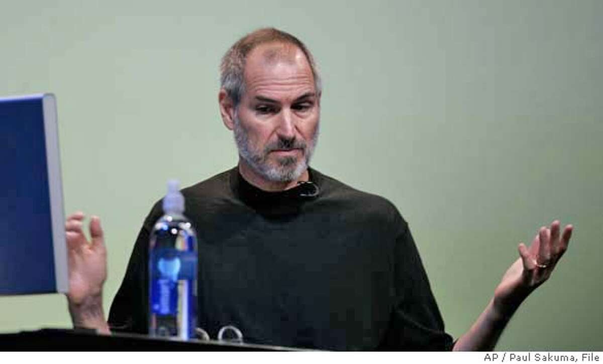 Apple Computer CEO Steve Jobs gestures during his keynote at Apple Worldwide Developer Conference in San Francisco, Monday, Aug. 7, 2006. Apple Computer on Friday reiterated that its mishandling of past employee stock options will cause it to miss a regulatory deadline for filing its latest quarterly results as the iconic maker of iPod music players and Macintosh computers digs into its accounting troubles. (AP Photo/Paul Sakuma)