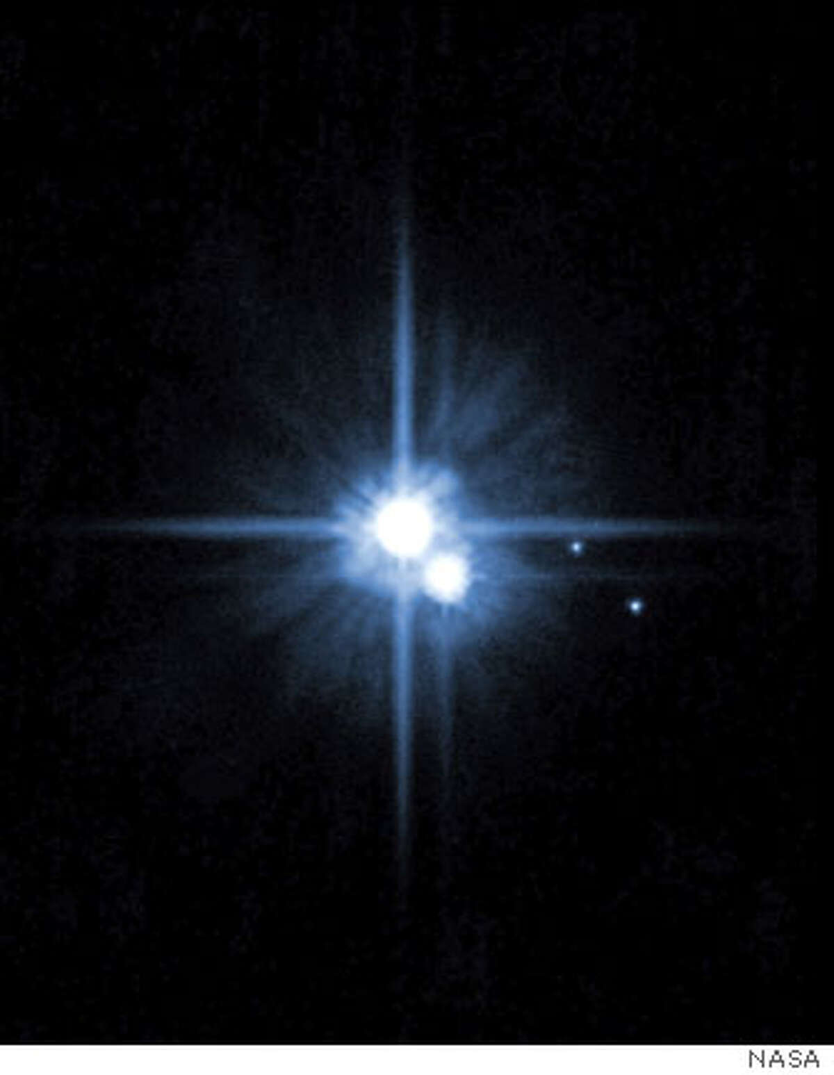 (NYT72) UNDATED -- August 22, 2006 -- Pluto, center, and its three moons in a photograph taken by the Hubble Space Telescope. Under fire from other astronomers and the public, a committee appointed by the International Astronomical Union revised and then revised again a definition proposed last week that would have expanded the number of official planets to 12, locking in Pluto as well as the newly discovered Xena in the outer solar system, as well as the asteroid Ceres and Pluto�s moon Charon. (NASA/The New York Times)