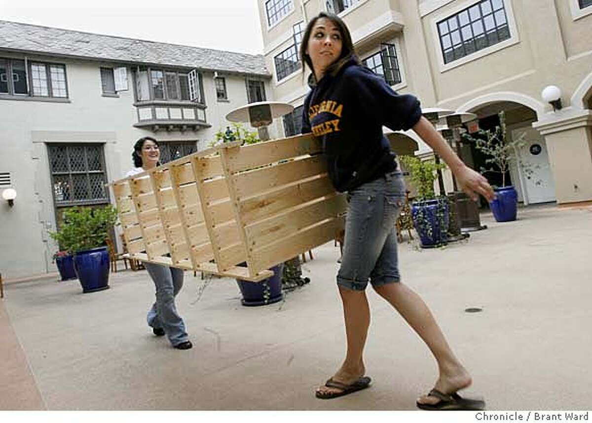 church_dorms131.jpg Kathryn Quanstrom, right in blue, and friend Maura Tang wrestle with a new book case in the atrium of the Westminster House. Both are returning students. Freshmen move into dorms In Westminster House, a church-owned and operated dorm at UC Berkeley. Interest in spirituality is growing among college students and dorms like Westminster House offer benefits like larger rooms, great access to college and private baths. {Brant Ward/The Chronicle} 8/20/06 MANDATORY CREDIT FOR PHOTOGRAPHER AND SAN FRANCISCO CHRONICLE/ -MAGS OUT