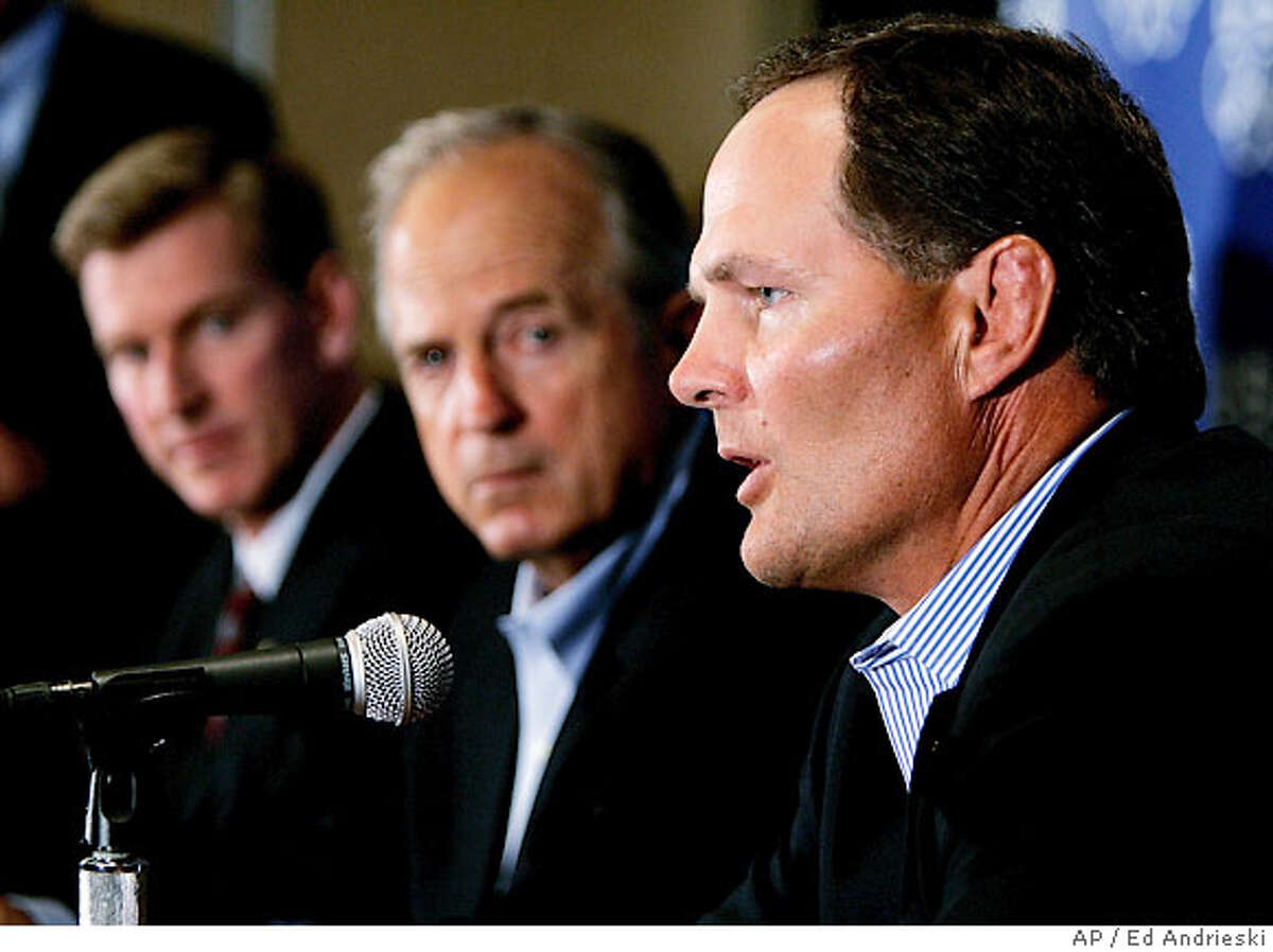 United State Olympic Committee CEO Jim Scherr, right, talks about the cities of Chicago, Los Angeles, and San Francisco still being in the running to host the 2016 Olympics during a news conference in Denver on Wednesday, July 26, 2006. At left USOC Vice President Bob Ctvrtlik and Chairman of the Board Peter Ueberroth, center, listen. Ueberroth announced that Philadelphia and Houston had been eliminated as host cities. (AP Photo/Ed Andrieski)