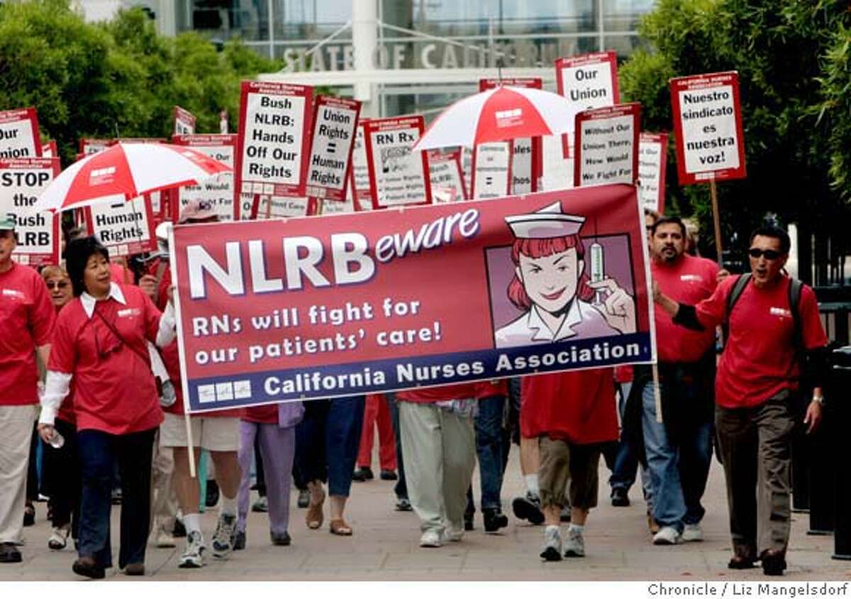 �nurses302_lm.JPG Members of Tthe California Nurses Association march on July 11, 2006 to Oakland Civic Center near 14th st. and Broadway for a protest of an expected ruling by the National labor Relations board. Liz Mangelsdorf /The Chronicle MANDATORY CREDIT FOR PHOTOG AND SF CHRONICLE/